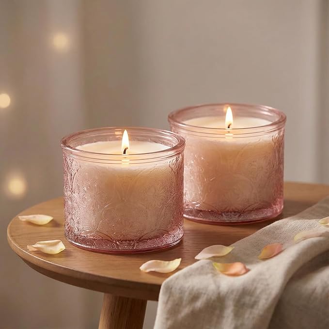 10 oz Pink Mandala Glass Candle Jars with Bamboo Lids, 9 Pack | Patented Embossed Design, Includes Wick Centering Devices & Warning Labels, Multiple Color Options