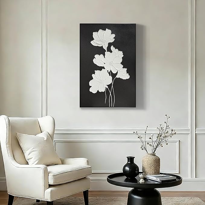 SAFERRYHOME White Flower Hand Painted Wall Art, Large Modern Floral Framed Canvas Wall Decor, 3D Texture Flower Oil Painting Nature Artwork for Home Office Living Room Hallway, 24"x36"