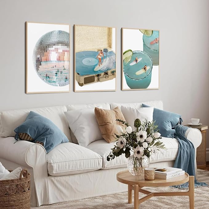 Blue Coastal Groove Wall Art Retro Disco Beach Canvas Poster Summer Surf Wall Decor Trendy Coastal Pictures Ocean Painting Preppy Aesthetic Prints Funky Artwork for Girls Bedroom 12x16 Inch Unframed
