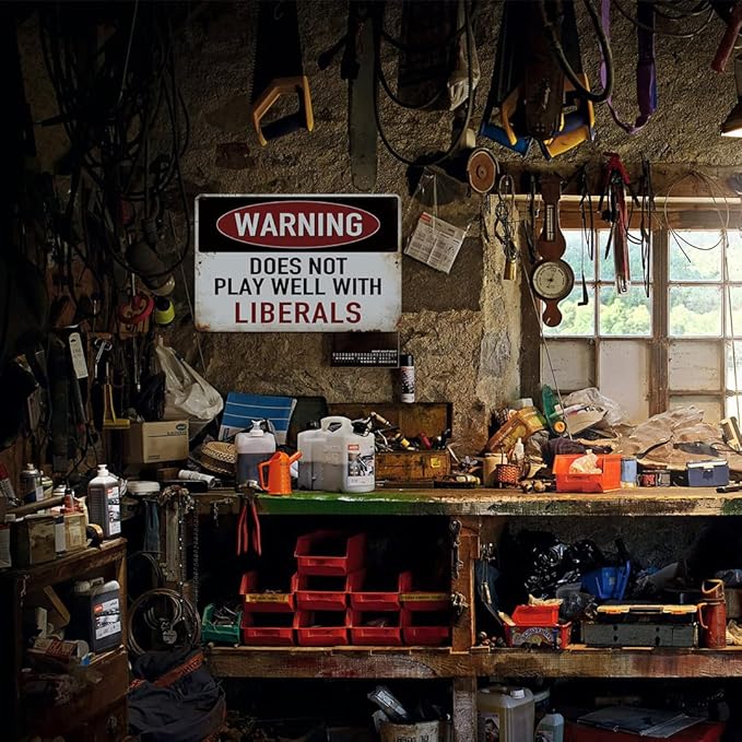 Yniaun Decor Funny Man cave Decor Vintage Sarcasm Metal Tin Signs for Home Bar Wall Decor Gifts 12 x 8 Inches Outdoor & Indoor Warning Does Not Play Well With Liberals