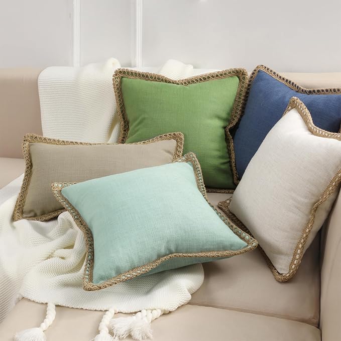 Phantoscope Pack of 2 Farmhouse Decorative Solid Throw Decorative Pillow Cover Burlap Linen Trimmed Tailored Edges Navy Blue 26 x 26 inches, 65 x 65 cm