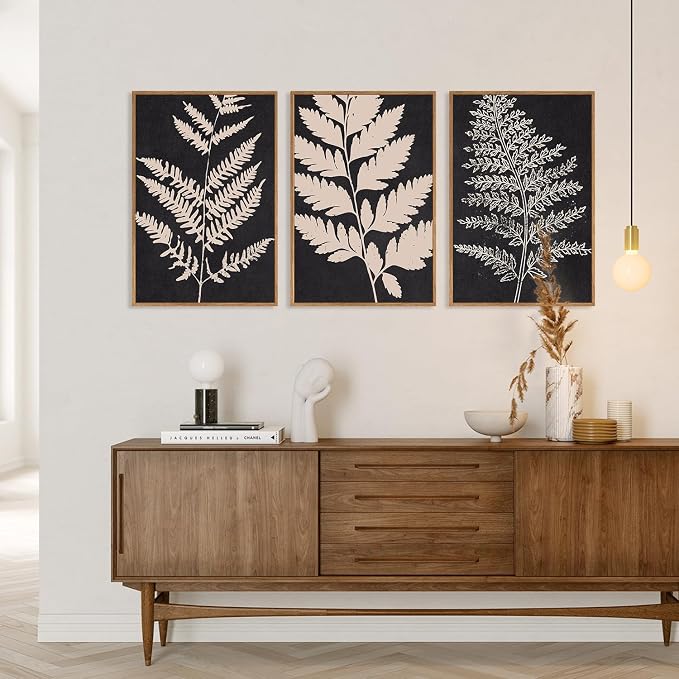 SIKERIC Vintage Black Tan Fern Leaf Wall Art, Nature Minimalis Leaves Framed Canvas Art Print Set of 3, Modern Fern Silhouette Wall Decor, Large Plant Artwork for Living Room, Bedroom, Office-24x36
