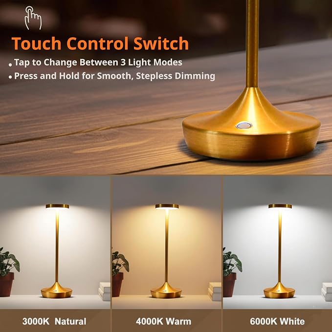 Gold Cordless Table Lamp, Rechargeable 6000mAh Battery LED Desk Lamp, Portable Metal Touch Lamp with 3-Level Dimming, Waterproof Light for Restaurant, Dining Table, Patio & Home Decor(Gold)