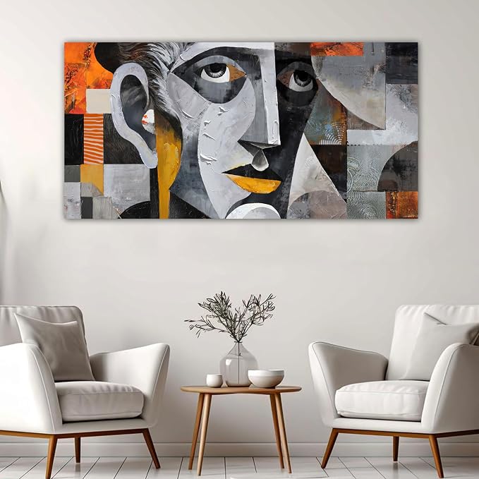 YDYSUNE Large Abstract Wall Art - Cubism Geometric Male Portrait Canvas Picture Modern Painting & Grey Artwork Ready to Hang Wall Decor for Living Room, Office 24×48INCHS