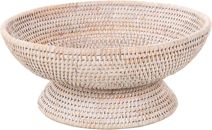 KOUBOO La Joll Rattan Fruit Bowl, Hand Woven Food Fruit Vegetable Bowl, Wicker Storage Basket, Wicker Fruit Bowl for Kitchen Counter, Large, white wash