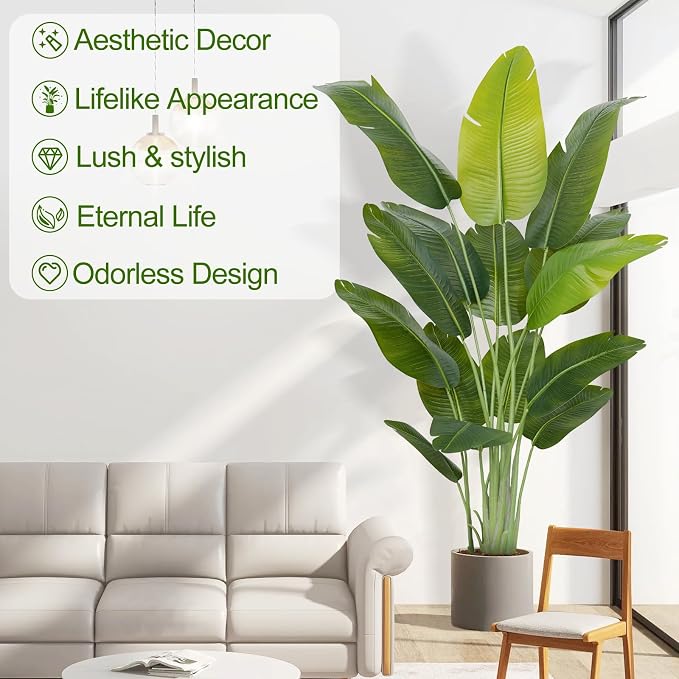 Lifelike Bird of Paradise Artificial Plant,6.6ft Faux Banana Leaf Tree with 15 Trunks - Perfect Indoor Silk Floor Plant for Home Decor in Living Room, Office, and Bedroom (Set of 2)