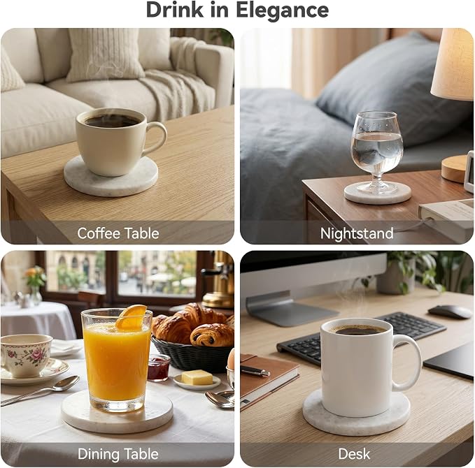 Pure White Marble Coasters Set of 4 with Holder, Icy Crystal Coasters for Coffee Table, 4 Inch Polished White Stone Coaster with Sparkling Texture – Heat Resistant, Non-Slip, Housewarming Gift