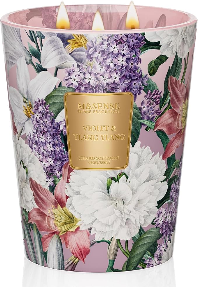 M&SENSE Violet Ylang Ylang Soy Candle, 35oz 3-Wick, Floral Calm Self Care | 150H Long Burn, Non-Toxic, Large Jar, Meditation Room, Bathtub Spa, Stress Relief, Relaxation, Herbal Peace