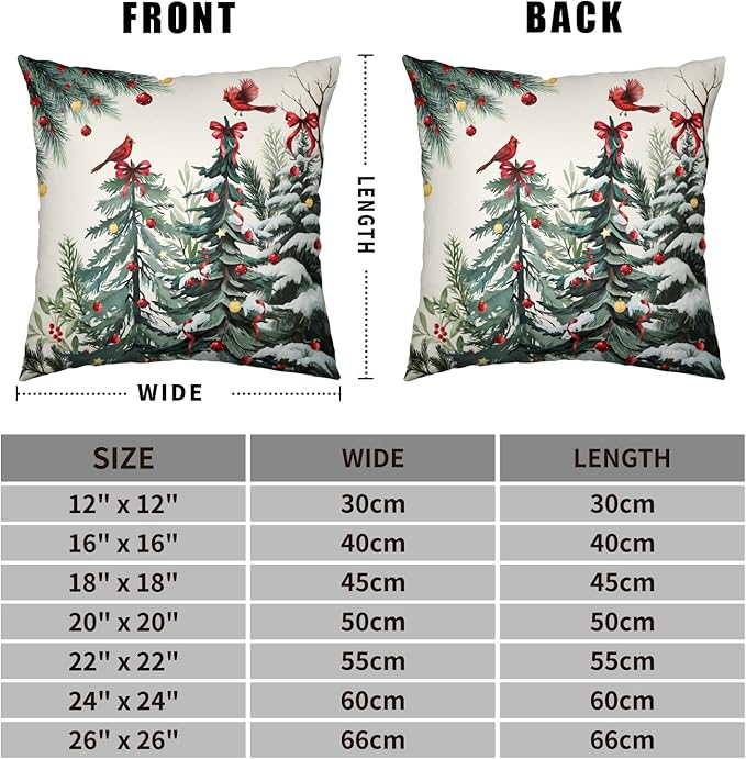 Set of 2 Christmas Tree Pillow Covers Snowy Pine Throw Pillow Covers 16x16 Green Xmas Tree Cardinal Bird Pillowcase Winter Holiday Cushion Case for Home Decor Couch Sofa