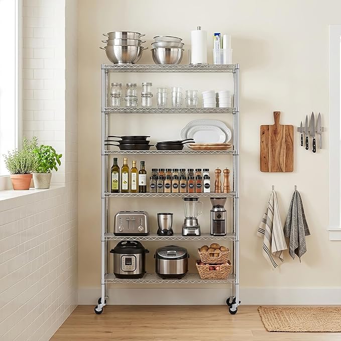 PayLessHere | 6-Tier Wire Shelf with Wheels | 45"x18"x82" | Chrome | Adjustable Racks | Heavy-Duty Storage Shelves, Holds Upto 510 lbs | Rust-Resistant, No-Tool Assembly | for Home, Garage Shelving