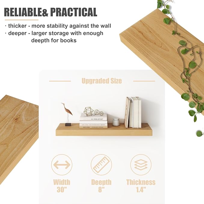 Floating Shelves for Wall, USA-Sourced Brich Wood 30 Inch Wall Shelves Set of 2, Natural Wooden Mounted Picture Ledge Shelf, Nursery Book Storage Shelf Kids Bookshelf Display, Shelf for Bathroom