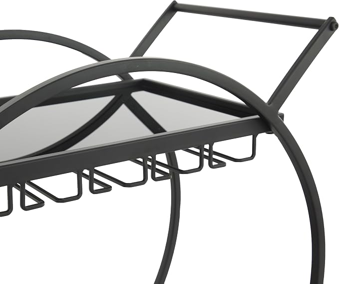 Deco 79 Metal Rolling 2 Mirrored Shelves Bar Cart with Wine Glass Storage and Handle, 28" x 14" x 31", Black
