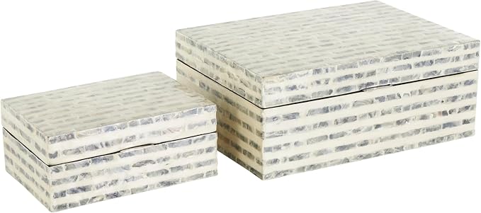 Deco 79 Mother of Pearl Shell Geometric Handmade Decorative Box Linear Mosaic Storage Decorative Keepsake Box with Cream Underlay, Set of 2 Storage Box 12", 8"W, Cream