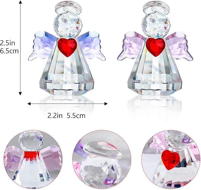 HDCRYSTALGIFTS Set 2 Crystal Guardian Angel Figurines Collectibles,2.5'' Glass Angel Ornaments for Galentines/Valentine’s Day Home Dollhouse Statues Decor Gifts for Women