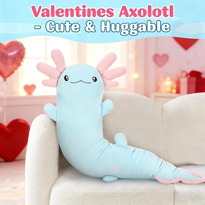 Tezituor 48 inch Blue Axolotl Stuffed Animal Large Plush Body Pillow for Adults Girls 6-12 Valentines Gifts, Glow-in-Dark Plush Toy 4ft Long Stuffed Salamander Halloween Christmas