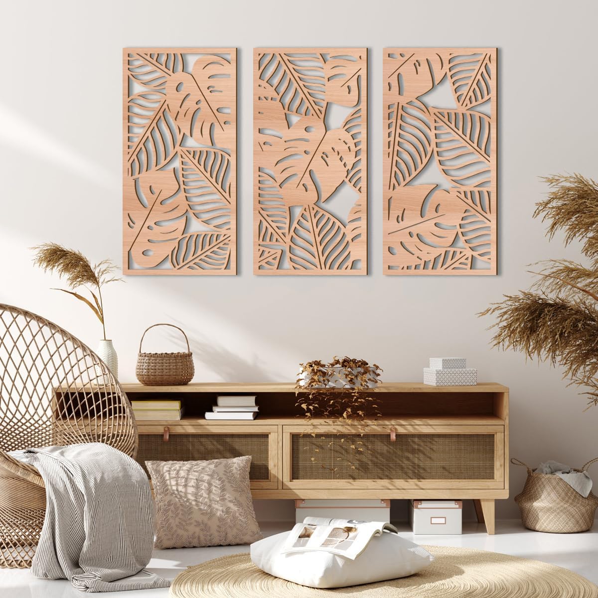 IARTTOP Leaf Wood Tropical Wall Art 15.9X32 Inch Carved Palm Leaves Wall Decor Coastal Monstera Plant Wall Sculptures for Living room Bedroom Set of 3