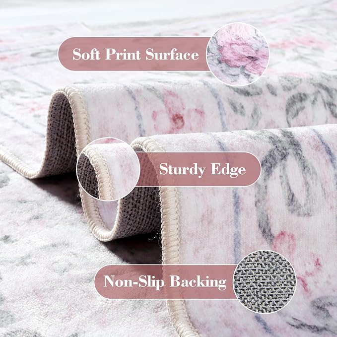 Wonnitar Bow Print Washable 4ft Round Rug, Pink Circle Rug for Girl Nursery Decor, Non Slip Ultra-Thin Soft Boho Floral Small Cute Circular Carpet for Kids Bedroom Baby Room, Light Pink