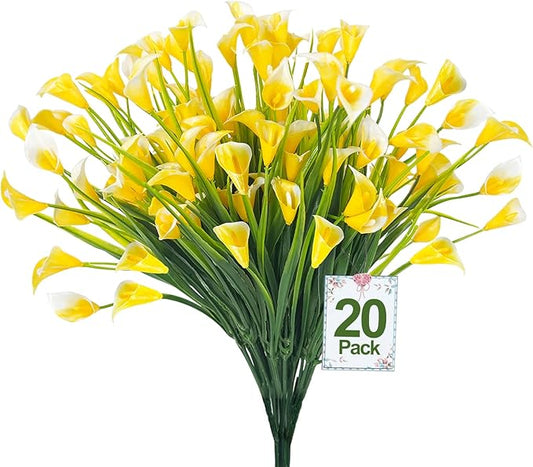 TURNMEON 20 Bundles Calla Lily (400 Heads) Artificial Flowers for Outdoors, Fake Plants UV Resistant Faux Plastic Fake Flowers for Indoor Planter Home Porch Yard Spring Summer Cemetery Decor(Yellow)