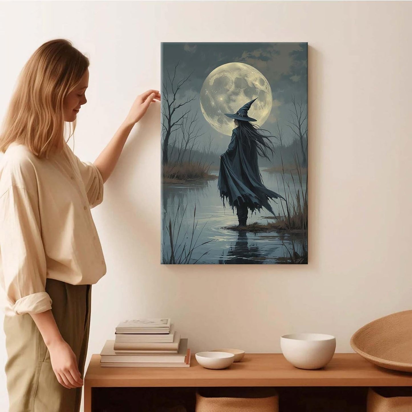 JFHCQJPK Witch in the moonlight magic canvas wall art enchanting Halloween home decor swamp witch silhouette oil painting mysterious gothic aesthetic wall decor print poster24x36in Frameless