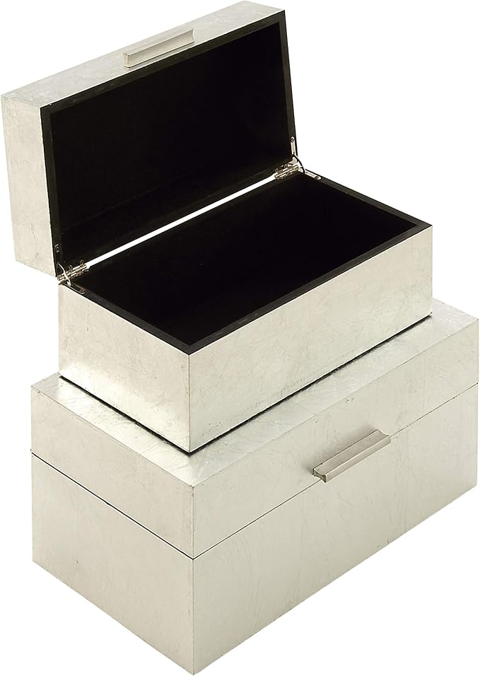 CosmoLiving by Cosmopolitan Wooden Decorative Box Decorative Keepsake Boxes with Textured Foiled Exterior, Set of 2 Storage Boxes 13", 11"W, Silver