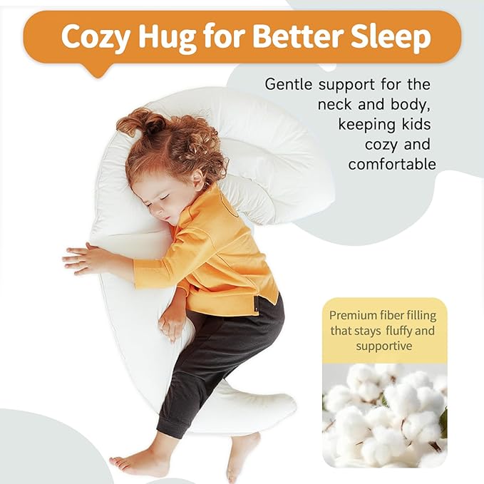 Choc chick Curve Long Toddler Kids Body Pillow for Sleeping, 34x27 inches Moon Shape Soft Child Hug Pillow, 100% Natural Cotton Pillowcase, Washable & Breathable Crib Pillow for Kids