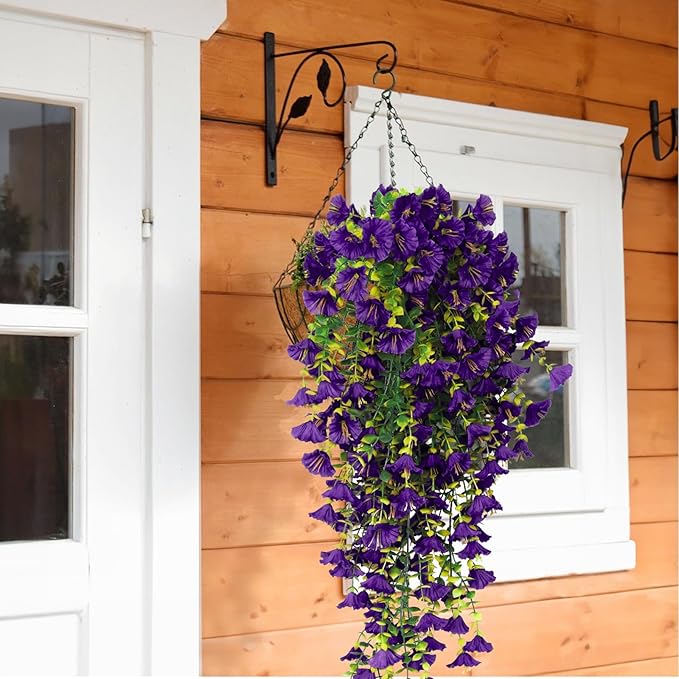 SJL Faux Hanging Plants Outdoor Flowers UV Resistant Fake Plants for Outside Fake Silk Colorful Morning Glory Artificial Eucalyptus Leaves for Arch Backyard Kitchen Spring Outside Decorations(Purple)