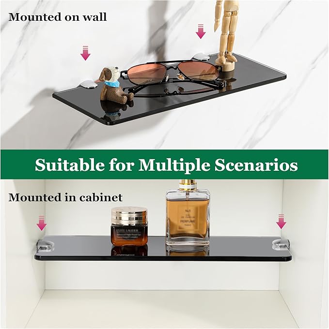 SAYAYO Glass Floating Shelves for Wall, Tempered Glass Shelves for Bathroom, Living Room, Bedroom, Office, Toilet, Kitchen Decor, 12Inch Set of 3, Black
