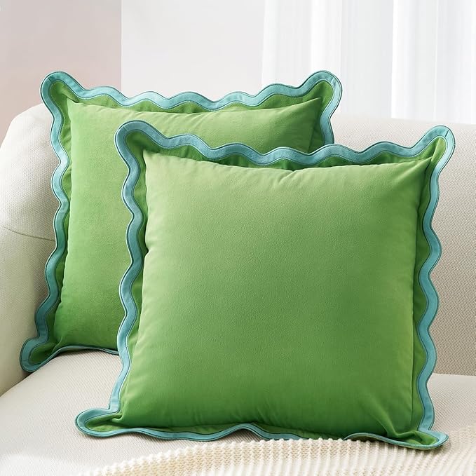 MONDAY MOOSE Decorative Throw Pillow Covers Cushion Cases, Set of 2 Soft Velvet Scalloped Wavy Edge Designs, Pillow Inserts Not Included (18x18 inch, Light Green/Light Blue)