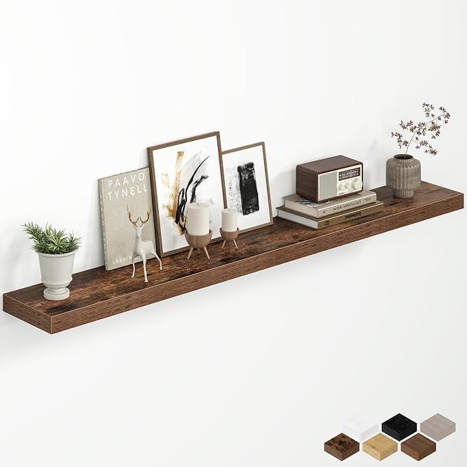 Fun Memories 55 Inch Floating Shelves for Wall, 8 Inch Deep Rustic Wood Wall Mounted Shelves with Invisible Brackets for Bathroom, Bedroom, Kitchen & Living Room Storage Decor, Rustic Brown, 1 Pack