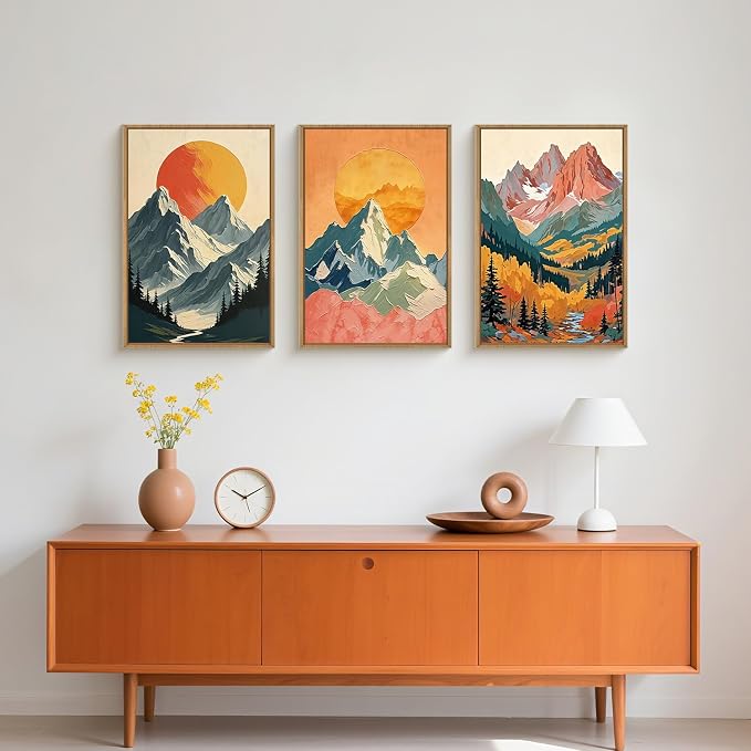HPNIUB Boho Sunrise Mountain Framed Wall Art Set,Modern Abstract Forest Wall Decor,Colorful Sun Scenery Nature Woodland Printing,Grassland River Artwork for Living Room, Bedroom,Office-16''x24''x3