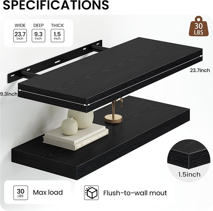 Heimlove 24 inch Floating Shelves for Wall,9.3 inch deep Black Wood Shelves with Invisible Brackets,Wall Mounted Storage & Display Shelves for Bedroom,Living Room,Set of 2