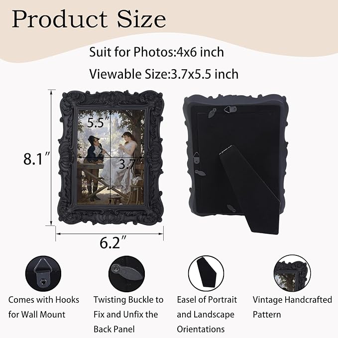 Antique Picture Frames 4x6 Vintage Victorian Ornate Picture Frames with Front Glass Wall Mount and Tabletop Gothic Home Decor Retro Gallery Wall Decor,1 Pack,Black