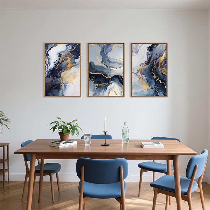 Navy Blue and Gold Framed Canvas Wall Art Set,Mid-Century Modern Abstract Wall Decor,Navy Blue Ink Wash Painting,Neutral Art Print for Living Room,Bedroom,Dining Room,Office - 24"x36"x3