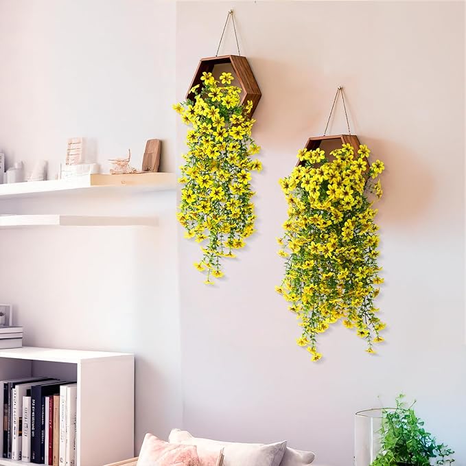 ZFProcess Artificial Hanging Flowers Plants for Outdoor Spring Summer Decoration, 2PCS Faux Silk Daisy UV Resistant Look Real for Outside Home Indoor Planter Porch Garden Yard Decor(Yellow)