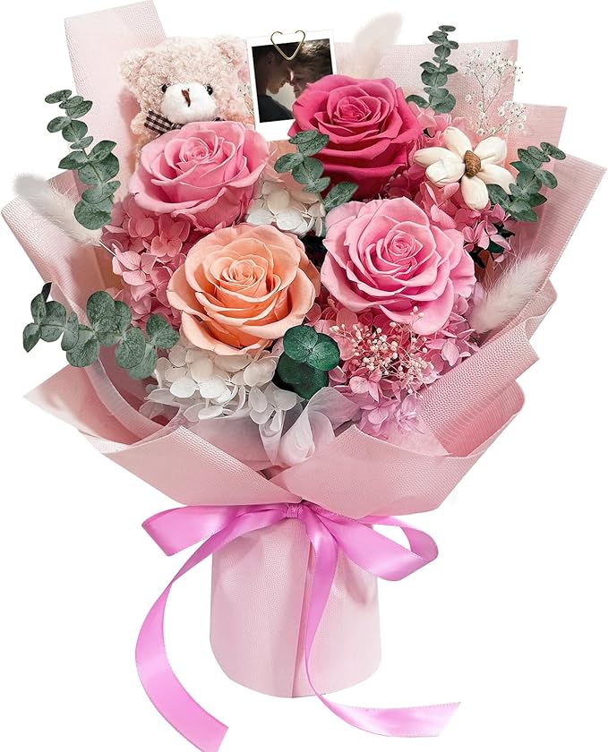 Preserved Flowers Bouquet with Bear&Photo Clip,Last 1-3 Years,4 Real Roses,Flowers for Delivery Prime,Valentine,Mother's day,Anniversary,Birthday Gifts for Grandma Mom Wife Daughter Women Her,Pink