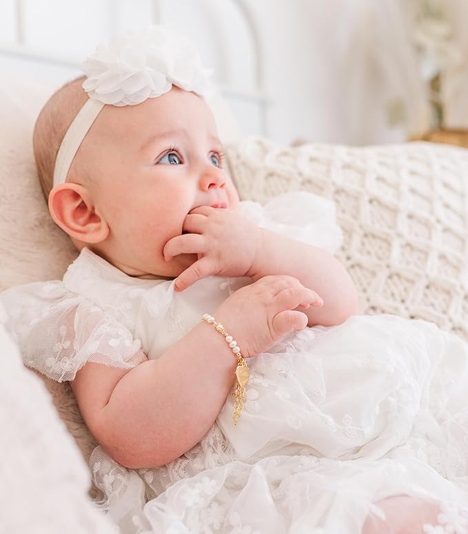 Cherished Moments 14K Gold-Plated Custom Cherished Babe to Bride Cross Bracelet Gift for Infant Baby Baptism or Christening with Cultured Pearls and Engraved Heart