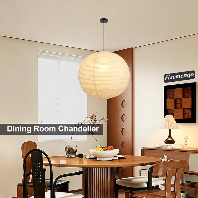 Large Paper Pendant Light with Cord and Canopy, 23.6in Off-White Rice Paper Hanging Lamp, Japanese Japandi Wabi Sabi Lantern Lamp Chandelier for Living Dining Room Bedroom Kitchen 2 Pack