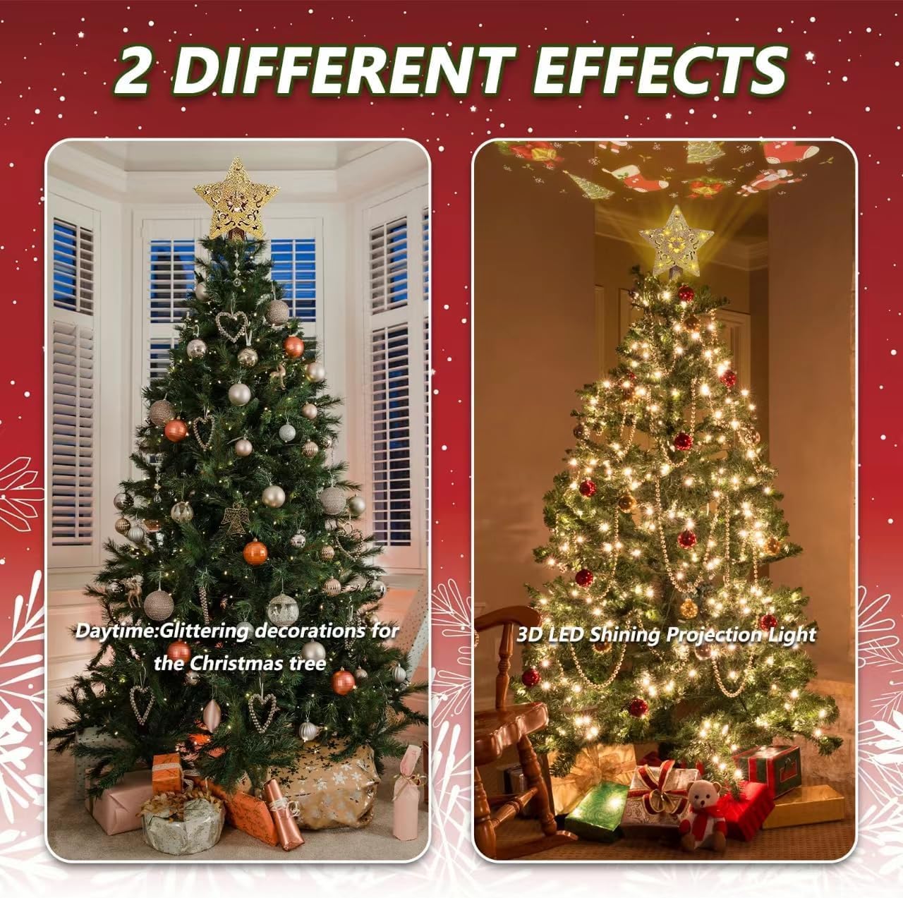 Christmas Tree Topper Lighted with Snowflake Projector, LED Rotating 3D Glitter Tree Topper for Christmas Tree, Christmas Decorations Lights (Golden Star Tree Toppers)