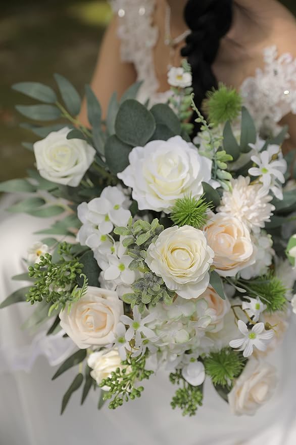 rongflower Artificial Flowers Combo Silk Mix Fake Flowers Leaf for DIY Wedding Bouquets Centerpieces Arrangements Party Baby Shower Home Decorations(Milk White)