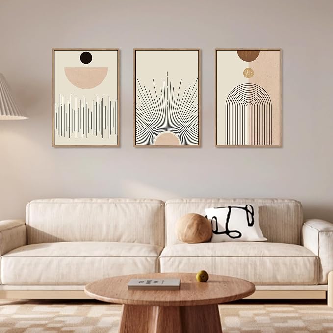 LHIUEM Large Abstract Boho Line Framed Canvas Wall Art Set,Modern Geometric Sun Wall Decor,Mid-Century Neutral Artwork for Living Room,Bedroom,Dining Room,Office -16"x24"x3