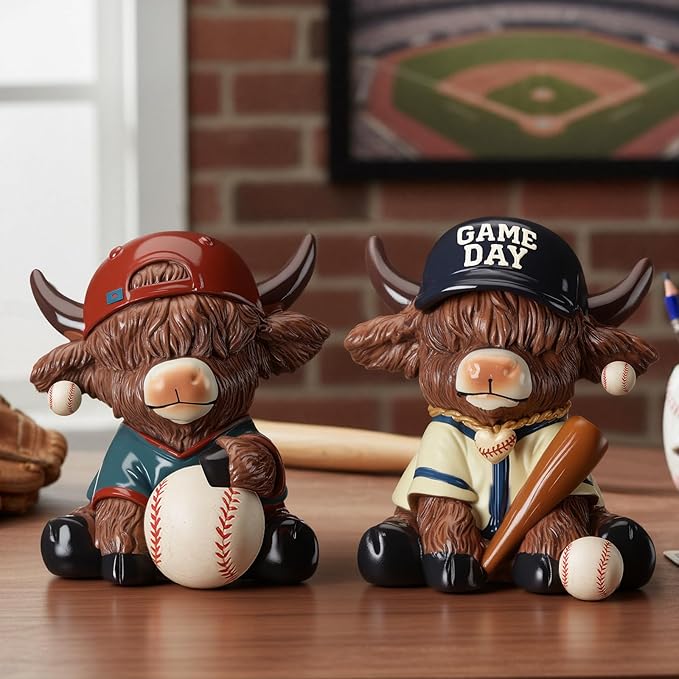 Wesiti 2 Pcs Baseball Highland Cow Figurines Decor, Cute Sport Resin Cow Statue with Bat and Ball, Baseball Fan Gifts for Adults Coaches Team Decor