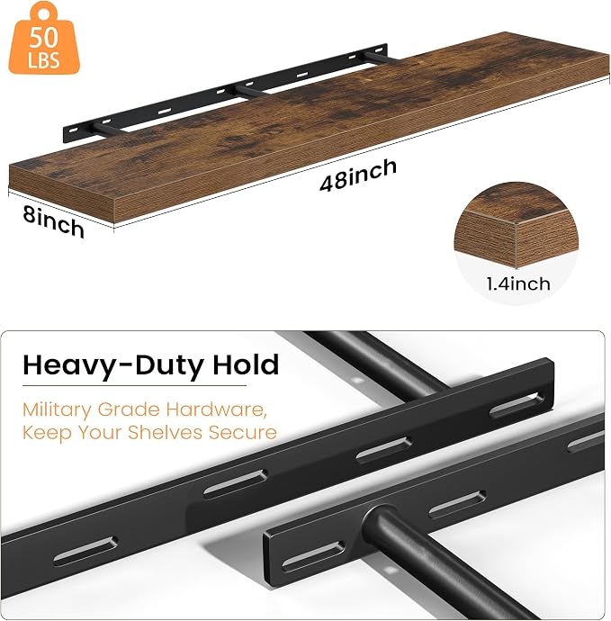Fun Memories Floating Shelves for Wall, 48 Inch Long Set of 2 Rustic Wood Wall Shelves with Invisible Brackets, Heavy Duty Storage Display for Living Room Bedroom Kitchen, Brown