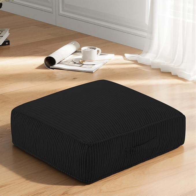 Meditation Floor Pillow for Adults, 8" Extra Thick Floor Cushion for Sitting with Washable Cover, Large Corduroy Meditation Pillow, 22 inches Tatami Seat with Handle for Yoga Pillow, Black