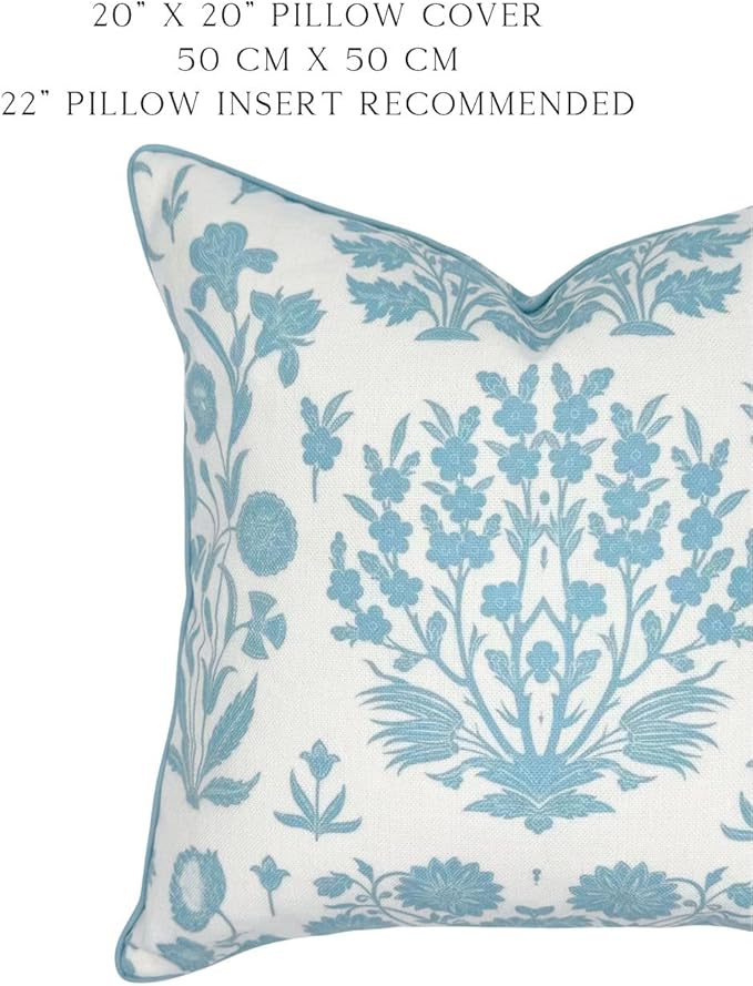 Jillien Harbor “The Charlotte” Bright Sky Blue Floral Block Print Pillow Cover – Off-White Decorative Throw Pillow Cover – Grandmillennial Home Decor, 20" x 20"