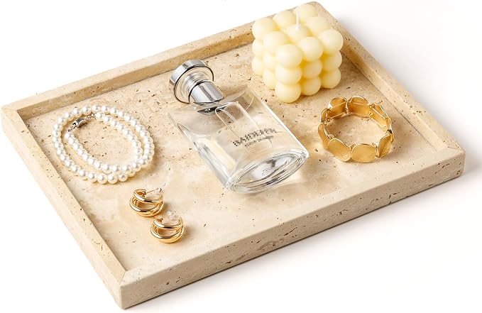 Vanity Tray Italy Travertine Stone for Jewelry, Perfume, Makeup, Candle Large Natural Marble Decorative Trays for Bathroom Dresser Rectangle Kitchen Storage Organizer for Home Decor Beige(WH021)