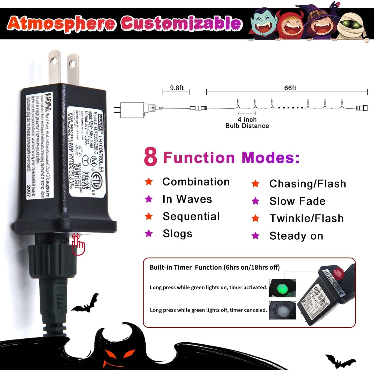 JMEXSUSS 200 LED Orange and Purple Halloween Lights, 66ft Connectable Halloween Lights Outdoor Waterproof, 8 Modes Plug in String Light for Tree Yard Garden Indoor Outdoor Decor