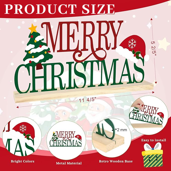 COCHIE Metal Merry Christmas Sign, Christmas Tree Table Centerpieces Decorations for Home, Office, Shelf, Mantel, Indoor, Xmas Red and Green Party Decor Supplies (XMAS A)