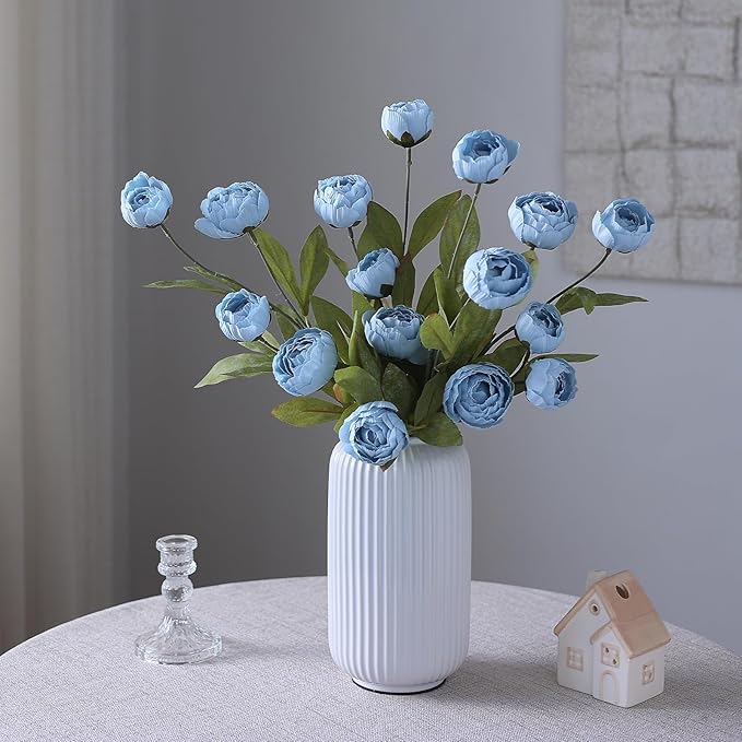 VIERENA 6 Pcs Faux Silk Peony Artificial Flowers for Vase -27", Bulk Fake Peonies Branches with Stems for DIY Bouquet Centerpieces Wedding Fillers Arrangements Shower Decorations (Dusty Blue)