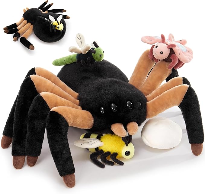 MorisMos 5Pcs Spider Stuffed Animal, 16inch Large Spider Plush with Butterfly, Dragonfly, Bee, Eggshell, Soft Plush Toys for Kids, Boys, Girls