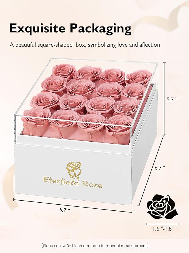 Eterfield Forever Flowers Preserved Roses Real Roses that Last Over a Year Rose Box Gifts for Her Mothers Day Valentines Day Christmas (Square White Box, 16 Dusty Pink Roses)